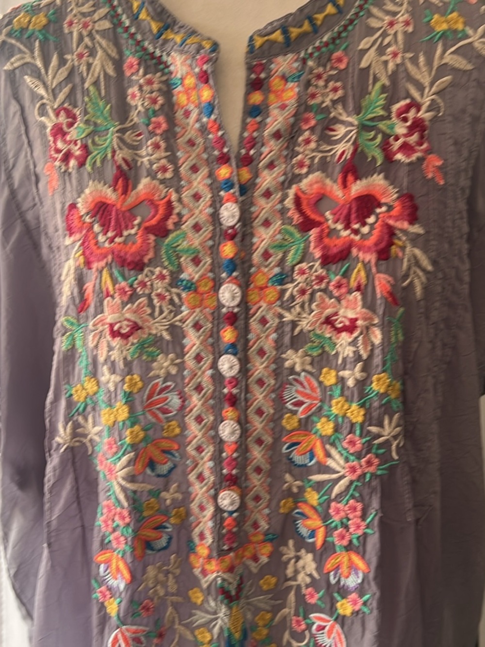 Johnny Was Embroidered Boho Tunic in Gray with Multicolor Floral Stitching - Picture 2 of 10
